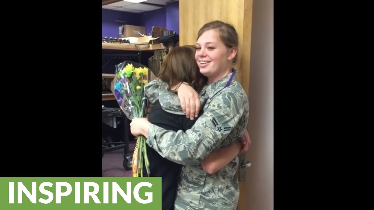 Soldier surprise visits little sister at school after returning home