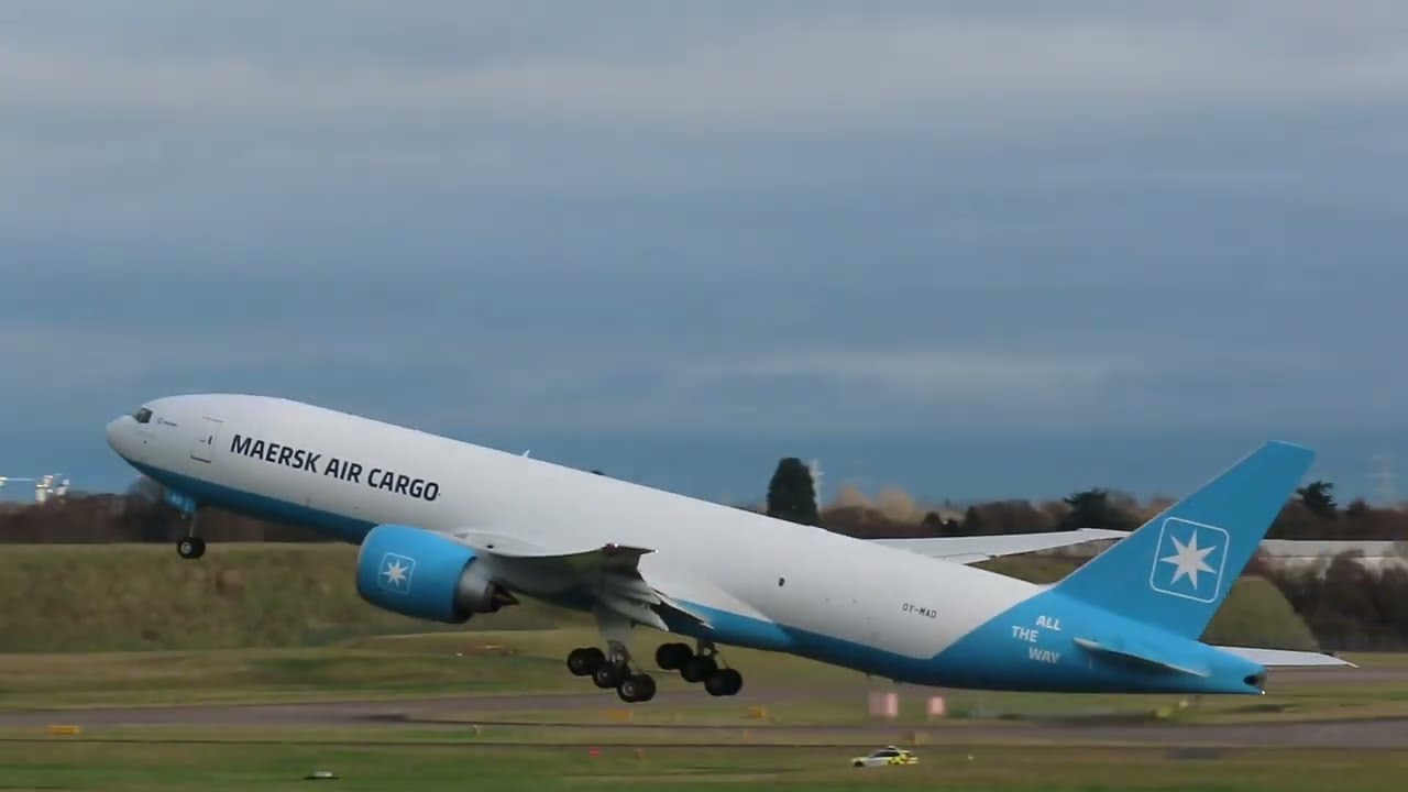 MAERSK AIR CARGO'S LATEST BOEING 777 FREIGHTER OY-MAD DEPARTING BIRMINGHAM AIRPORT 15/12/24