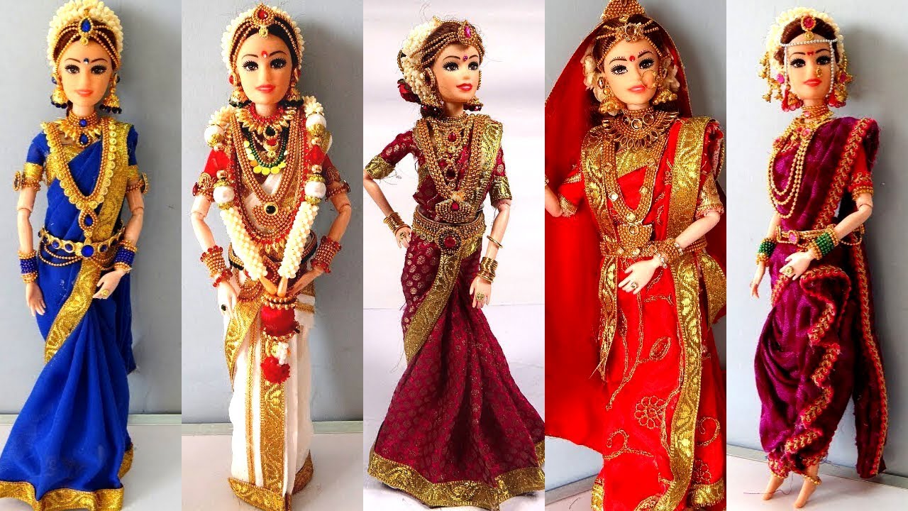 5 Barbie Indian Bridal Saree Draping (Kerala, Marathi, Tamilnadu, Bengali and  South Indian Style)