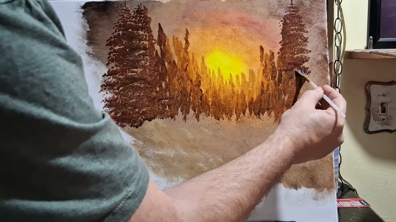 Bob Ross inspired,,cabin in the woods..landscape painting 
