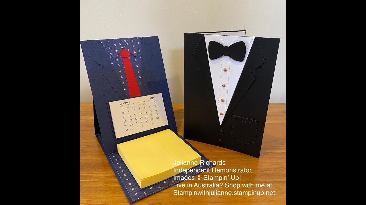 Tuxedo card and easel calendar card using the Suit & Tie Dies from Stampin Up - stampinwithjulianne