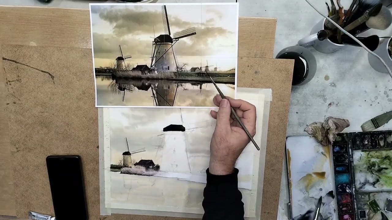 2/3 Como empezar una acuarela. Definiendo las formas esenciales. Molinos por Joaquín Puertas