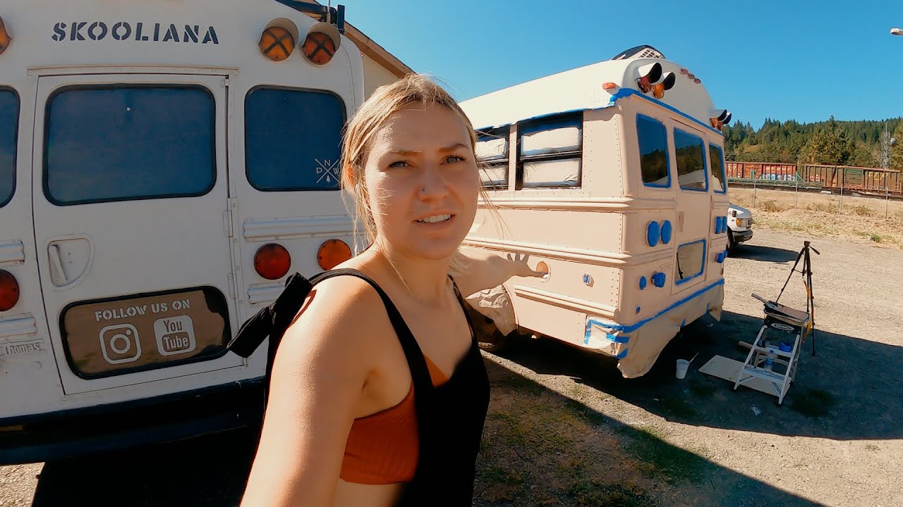 Painting The Short Bus & A Fire Broke Out ACROSS THE STREET! - Solo Female Skoolie Conversion
