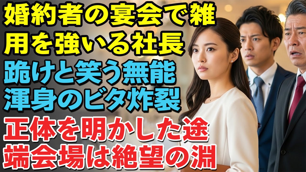 婚約者の会社宴会で雑用を強要する社長。「クビになりたくなきゃ這いつくばれ」私は平手打ちし名刺を差し出すと、会場は騒然となった…
