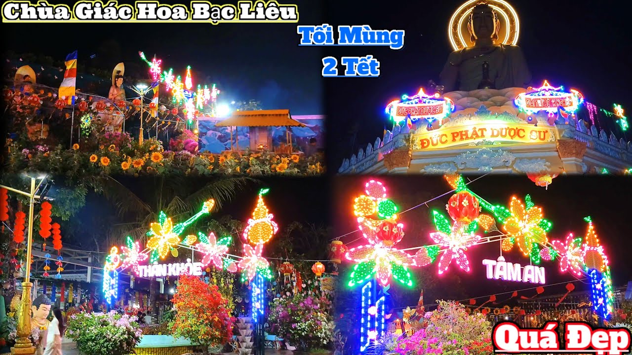 Chùa Giác Hoa Bạc Liêu buổi tối mùng 2 Tết bà con đi viếng tham quan rất đông vui