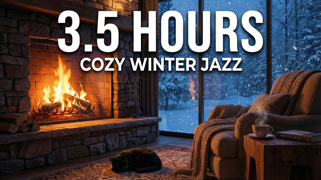 Winter Cabin Fireplace & Soft Jazz | Cozy Snow Ambience for Study, Work, and Rest