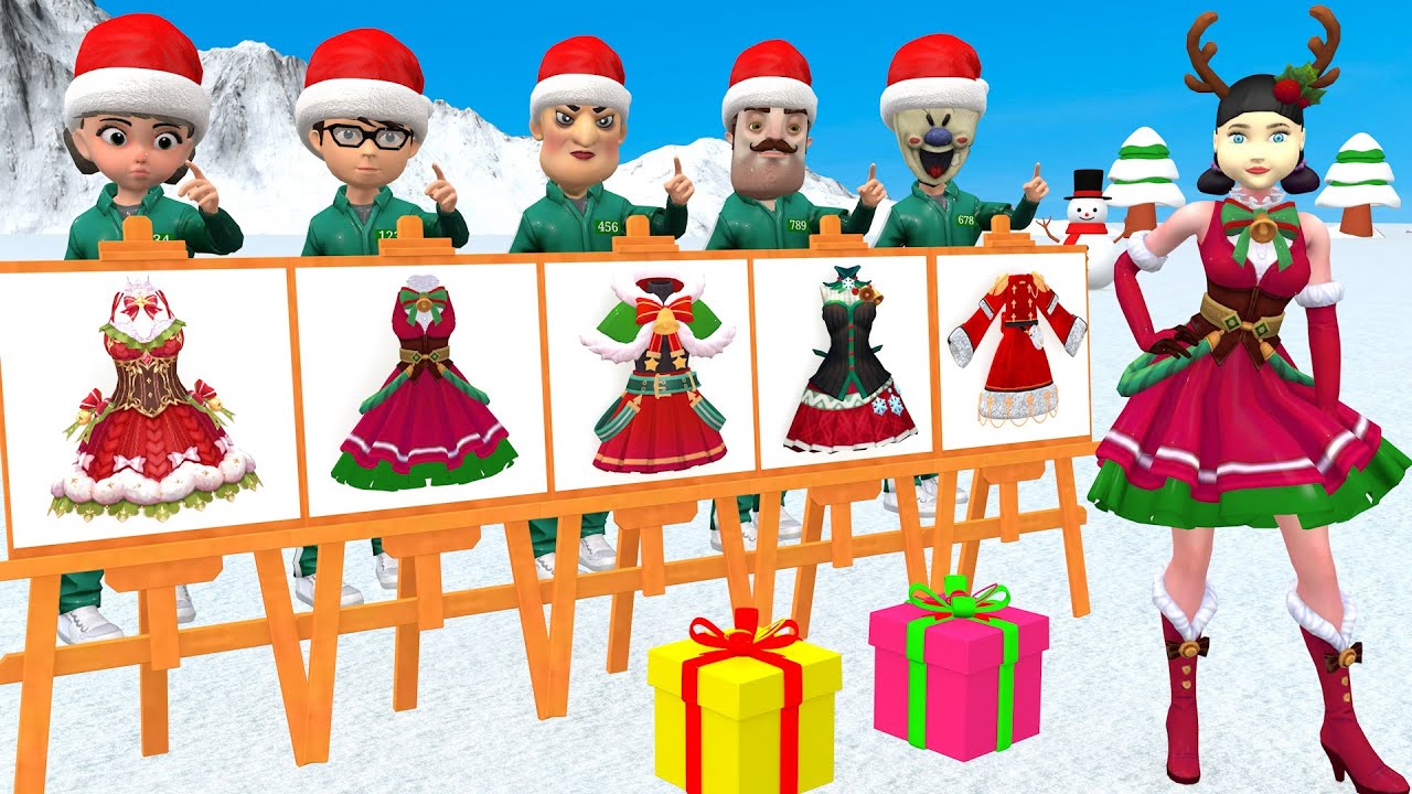Scary Teacher 3D vs Squid Game Choose a Dress For The Doll on Christmas 5 Times Challenge