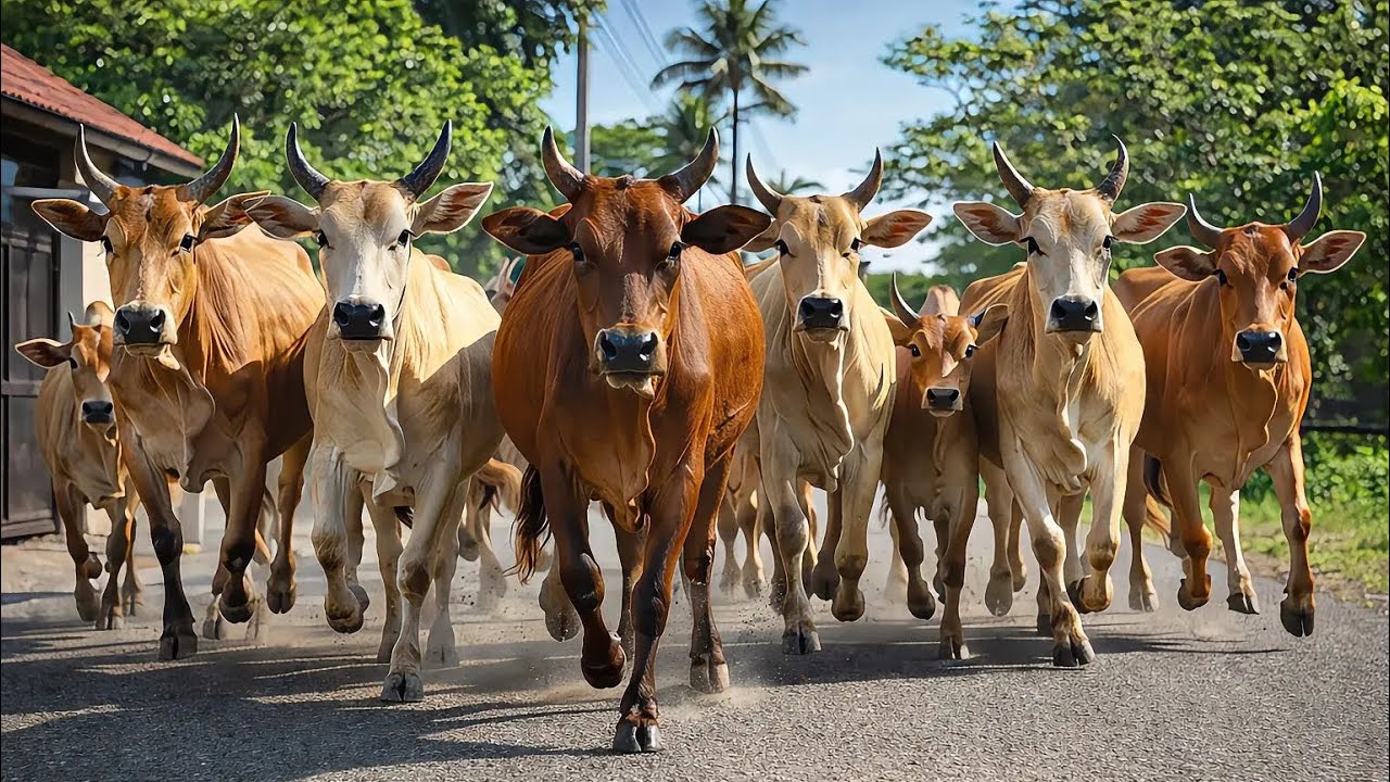 Dozens of cute and tame cows are with their herd heading towards the pen through the village 69