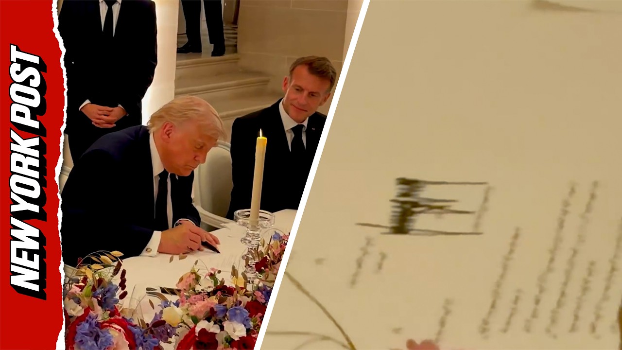 Watch Trump Sign Iran Deal By Hand Over Palace Dinner with Macron