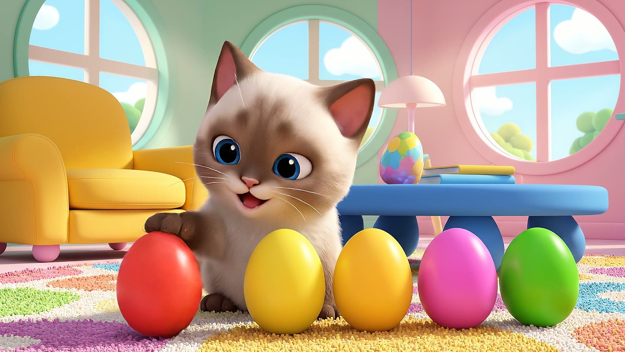 Маленький котенок считает радужные яйца