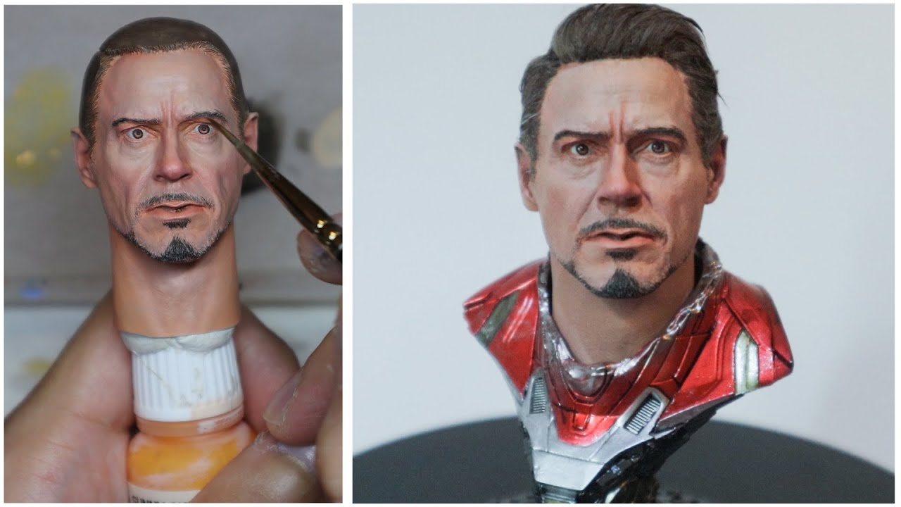 Making Of Realistic Ironman Bust With 1/6 Tony Stark Headsculpt Painting+Hair Rooting 鋼鐵俠胸像塗裝植髮製作分享