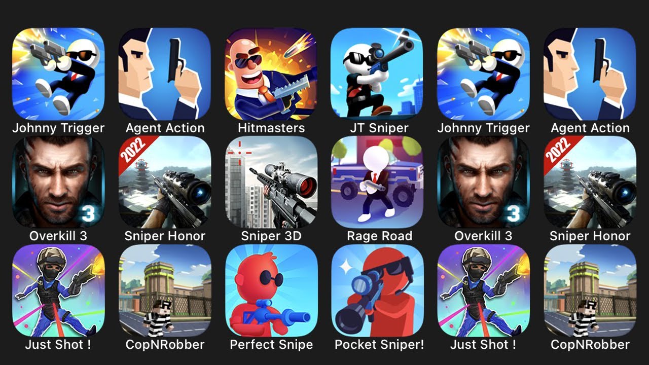Johnny Trigger, Agent Action, Hitmasters, JT Sniper, Overkill 3, Sniper Honor, Sniper 3D, Rage Road