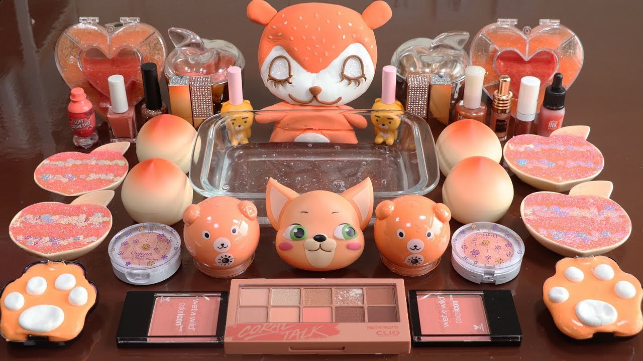 Mixing'CORAL'Makeup more Stuff Into Slime.★Satisfying Slime Video★