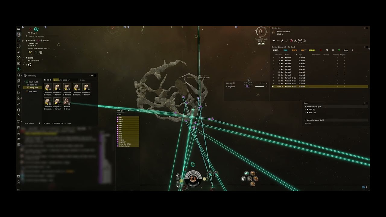 EvE Online Nullsec Mercoxit Mining with Multibox 500mil isk / 10min