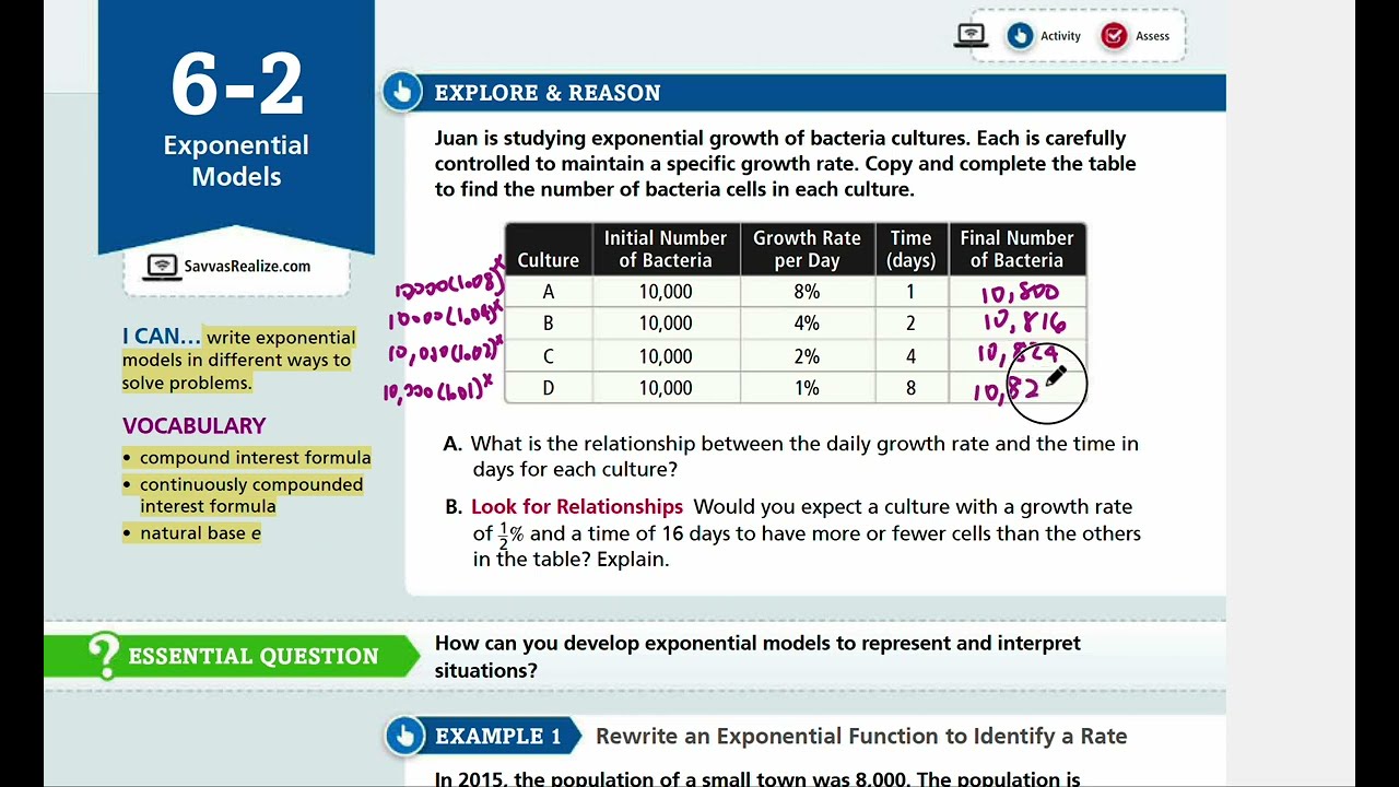 EnVision Algebra 2 Lesson 6-2: Exponential Models - Explore & Reason, Examples 1-6