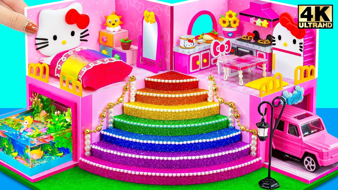 Строим дом-замок Hello Kitty с розовой спальней и кухней из картона ❤️ Миниатюрный домик своими