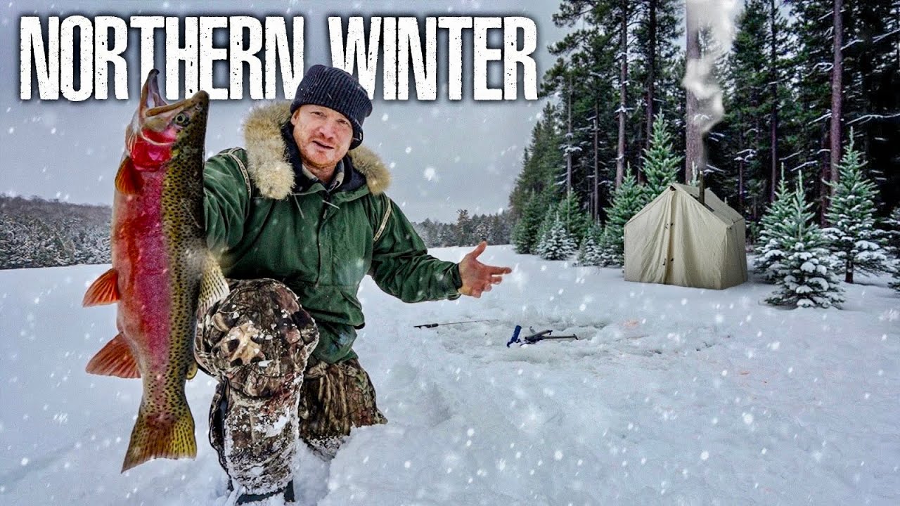Ice Fishing & Winter Camping in the Snow with a Wall Tent & Wood Stove