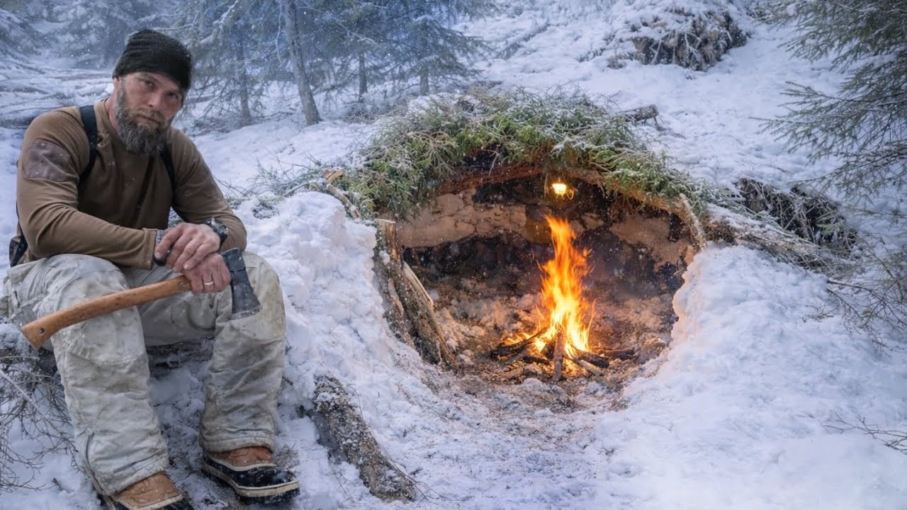 Winter Survival Shelter Under a Fallen Tree