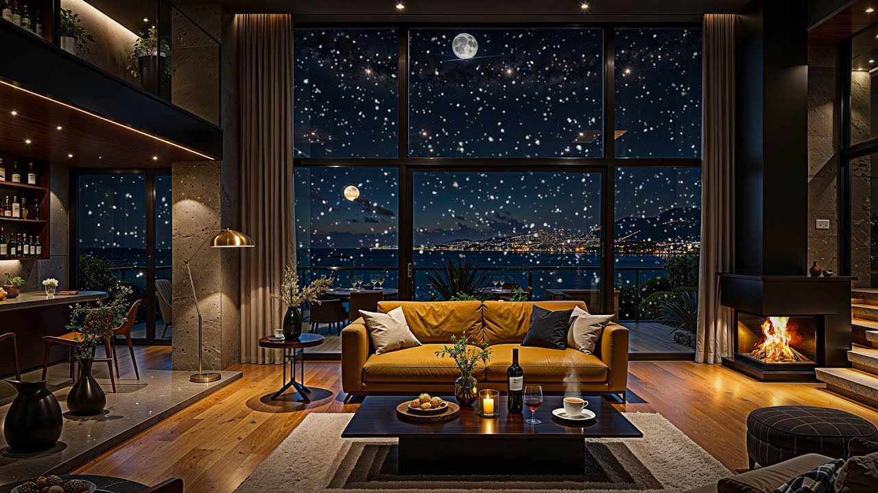 Jazz Music Cozy Night Apartment 🌙 Winter Piano Fireplace Ambience for Relax & Focus