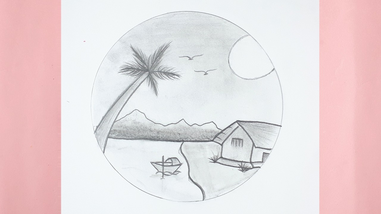 Easy Circle Scenery Drawing with Pencil | Beautiful Nature Drawing