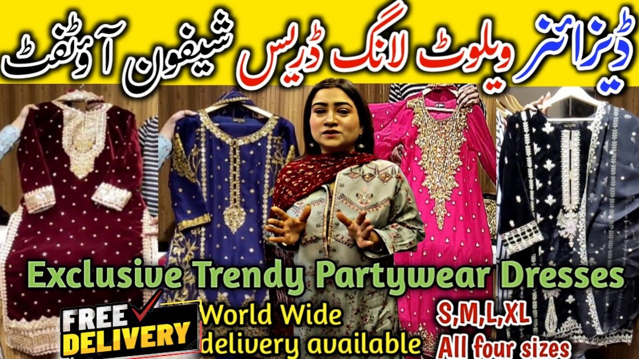 ✨ Most viral velvet Long outfit 🌸Sleeves embroidery | Sheffon Trending Partywear outfit design 2025