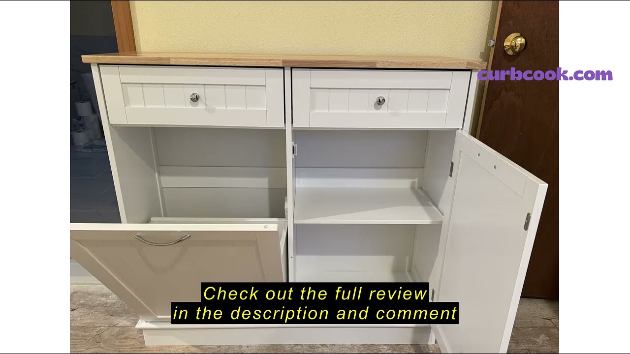Review Giantex Tilt Out Trash Cabinet 15.5 Gallon, Wooden Laundry Room Cabinet, 2 Drawers, Storage C