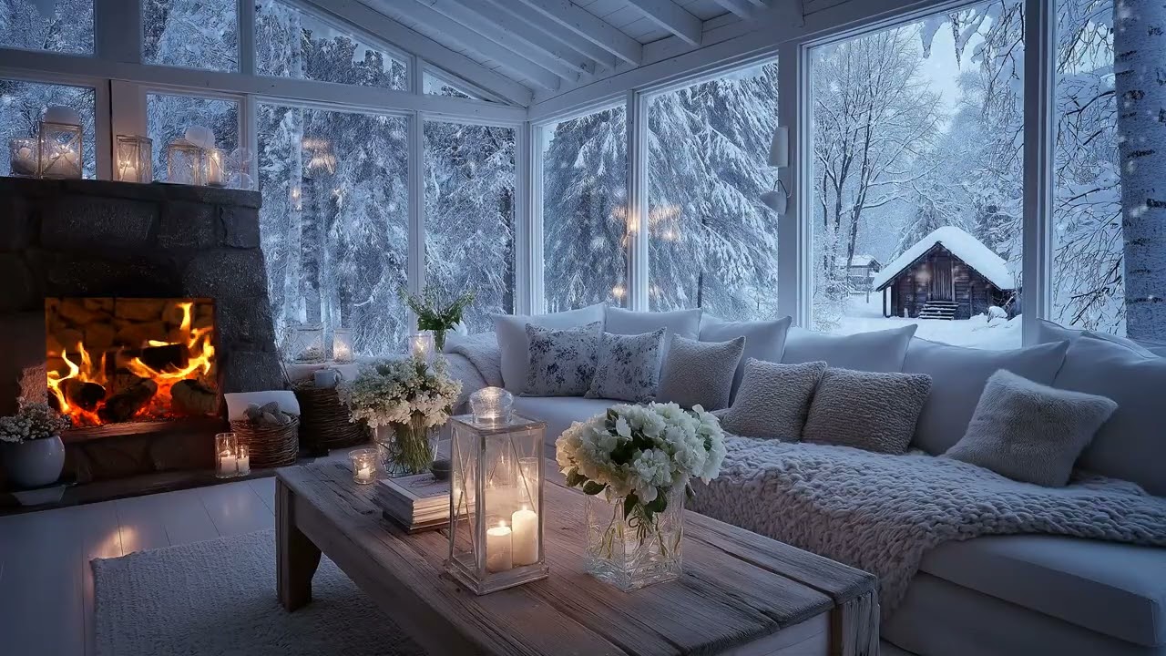 ❄️Warm Fireplace Piano Winter | White Lounge Ambience (5 Hours) | Meditation Sleep Study Focus Relax