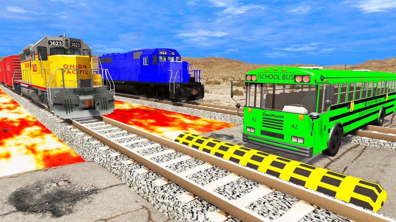 Trains vs Giant Pit deep Lava with Cars vs Giant Volcano - BeamNG.Drive