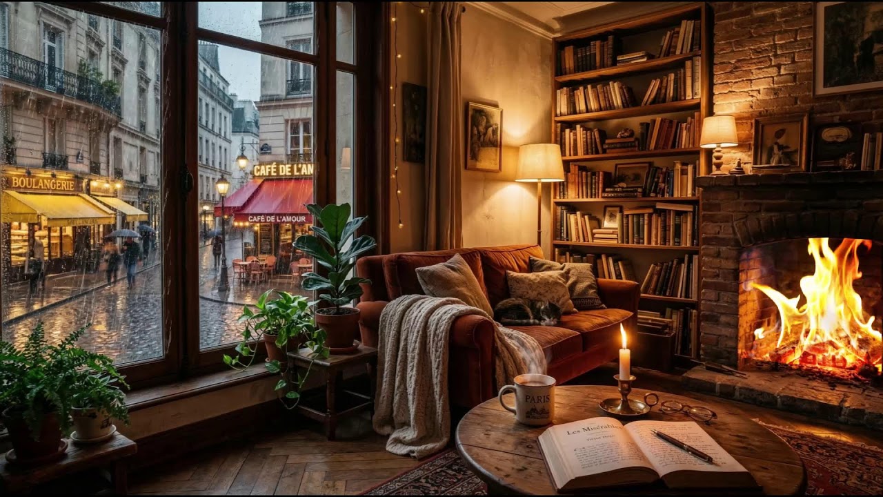 Rainy Evening in a Cozy Paris Apartment  Smooth Jazz Piano & Fireplace Sounds for Relax