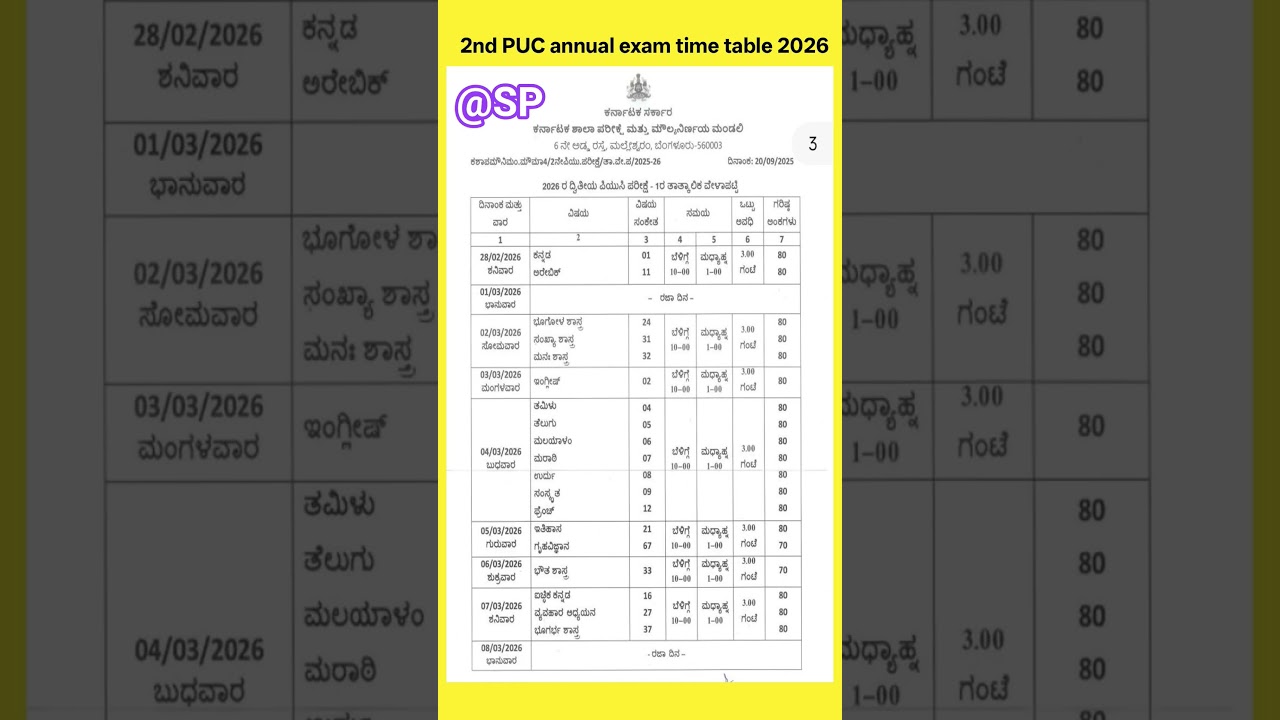 2nd puc annual exam time table 2026 release