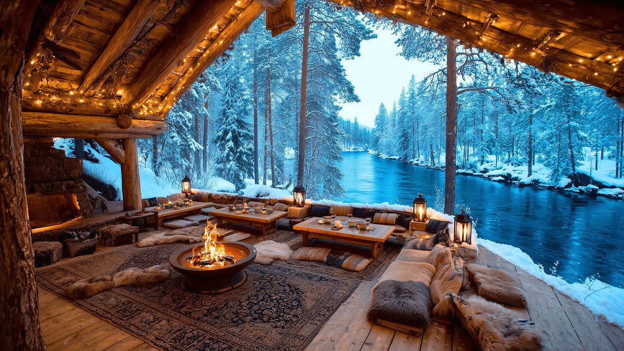 Why This Winter Riverside Porch Campfire & Nature sounds Feels So Peaceful