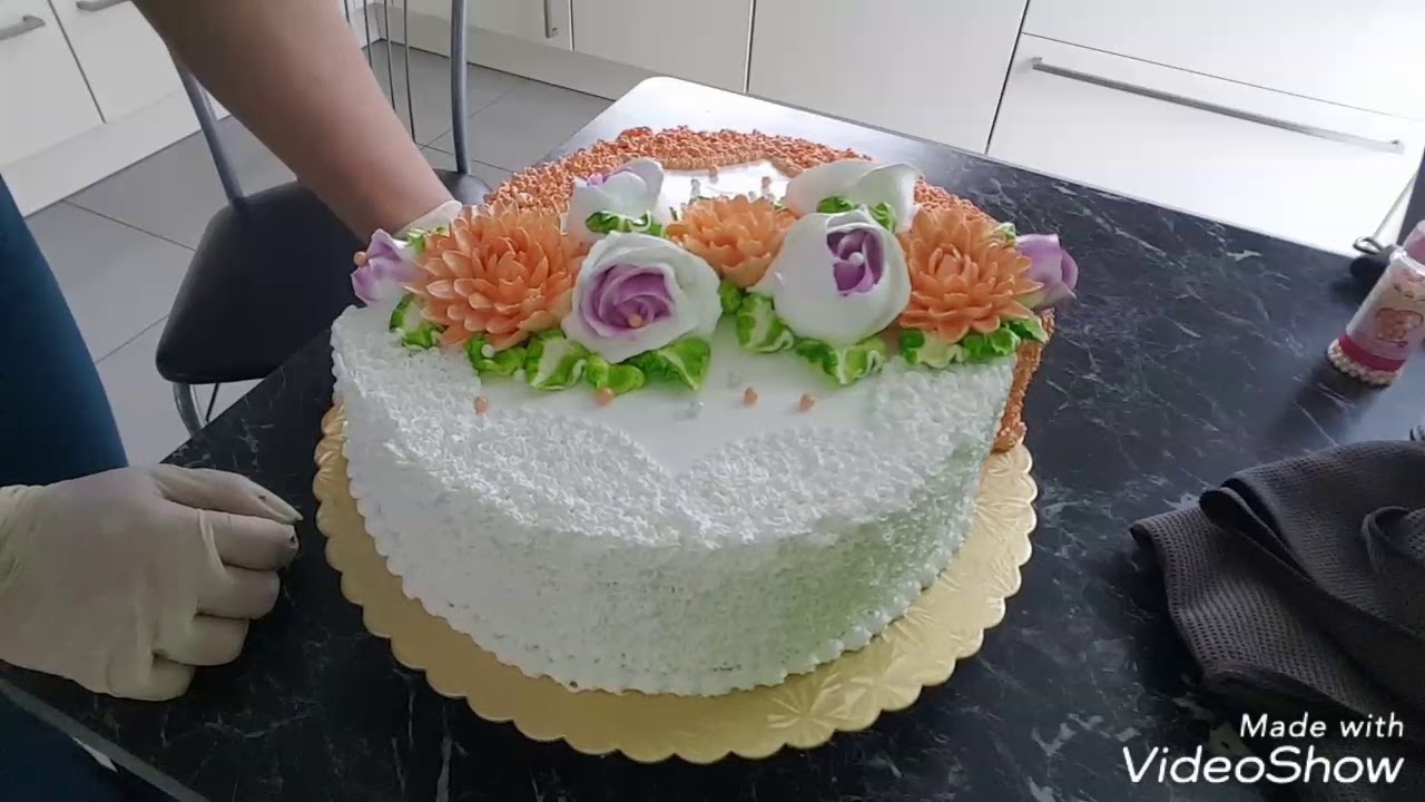 Оформление торта , БЗК  на желирующем сахаре.  Torte verschönert mit Eiweißcreme.