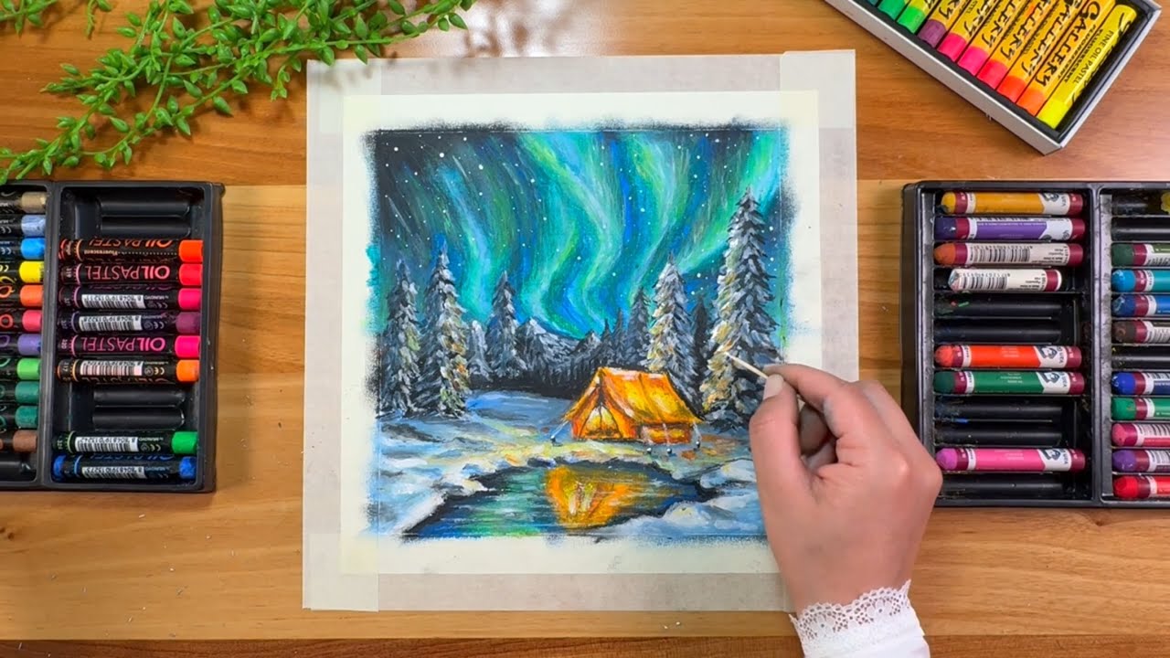 Painting Northern Lights Aurora Borealis Over a Winter Camp | Real Time Oil Pastel Step by Step