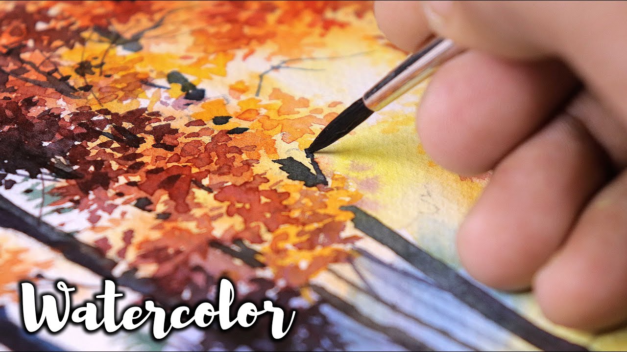 How I painted sunrays falling on tree leaves landscape with watercolor