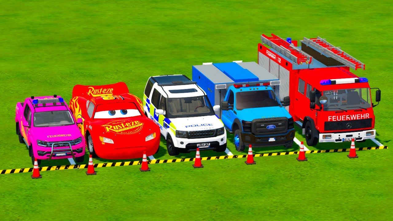 TRANSPORTING PIXAR CARS & FRUITS WITH COLORED & JOHN DEERE vs CLAAS vs TRACTORS - BeamNG.drive #983