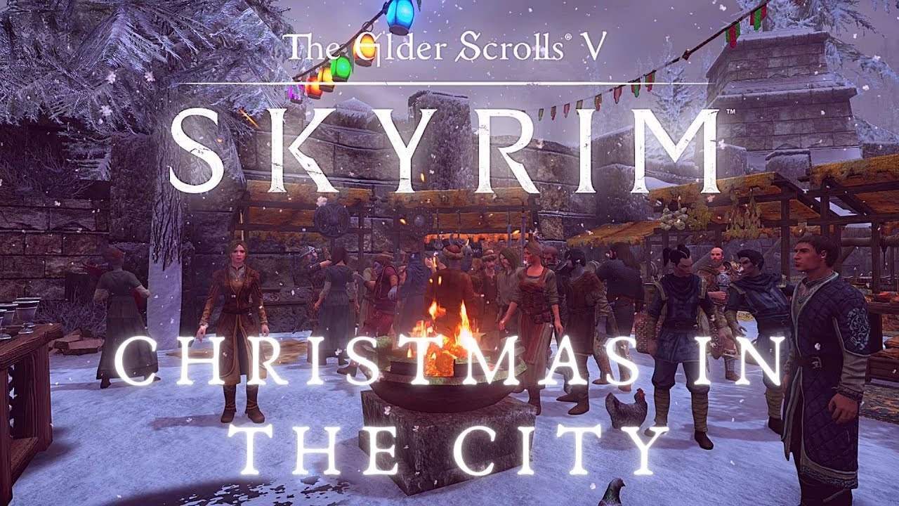 Skyrim SE 4K Music & Ambience | Walking Across Skyrim - Christmas In The City | Ultra Modded