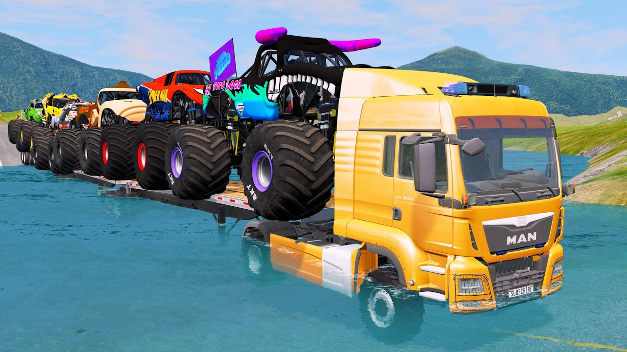 Double Flatbed Trailer Monster Trucks Transport with Slide Color - Cars vs Speed bump - BeamNG.drive