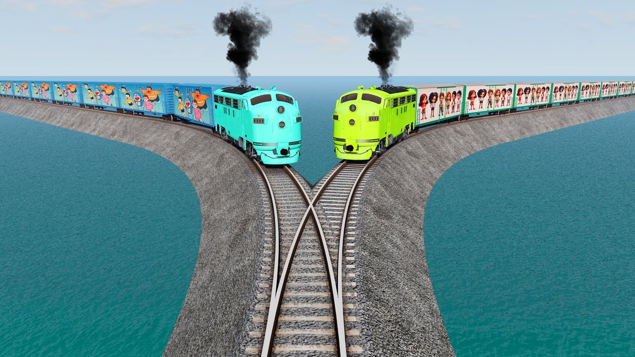 🚂Double🚂Train vs😱Impossible Y Shape Rail Crossing Deepwater | BeamNG.Drive