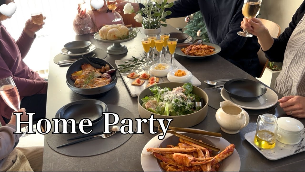 【Home Party】家族５人で乾杯！🥂至福の週末ランチ【パリパリグリルチキンとほかほかちぎりパン】【料理が映える盛り付け方】