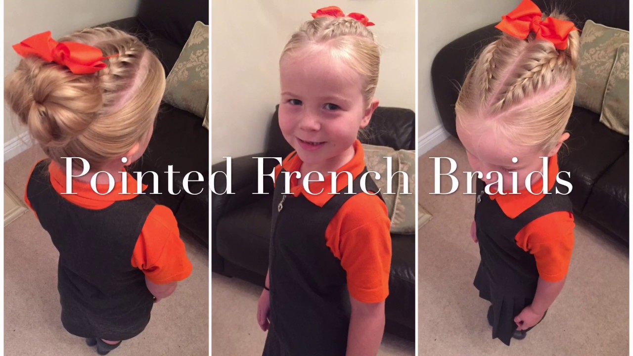 Pointed Double French Braids with Messy Bun hair tutorial by Two Little Girls Hairstyles
