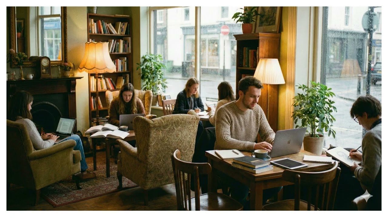 Deep Focus Session: Busy & Cozy Library Cafe on a Rainy Day 📚🤫☕️💧(7th session)