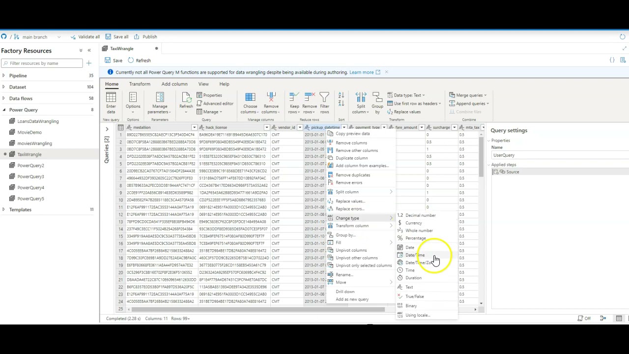 ADF Data Wrangling with Power Query: Date Time Formatting