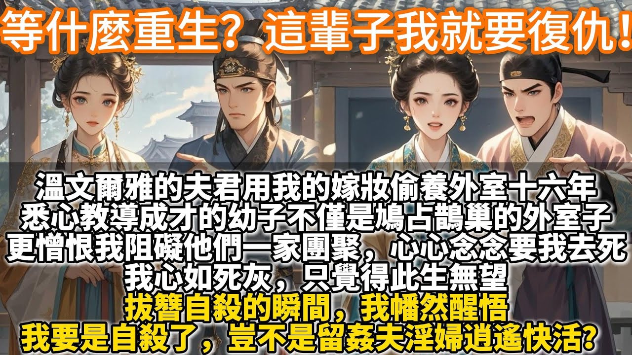 完結爽文：等什麼重生？這輩子我就要復仇！溫文爾雅的夫君用我的嫁妝偷養外室十六年。悉心教導成才的幼子不僅是鳩占鵲巢的外室子；更憎恨我阻礙了他們一家團聚，心心念念著要我去死。拔簪自殺的瞬間，我幡然醒悟