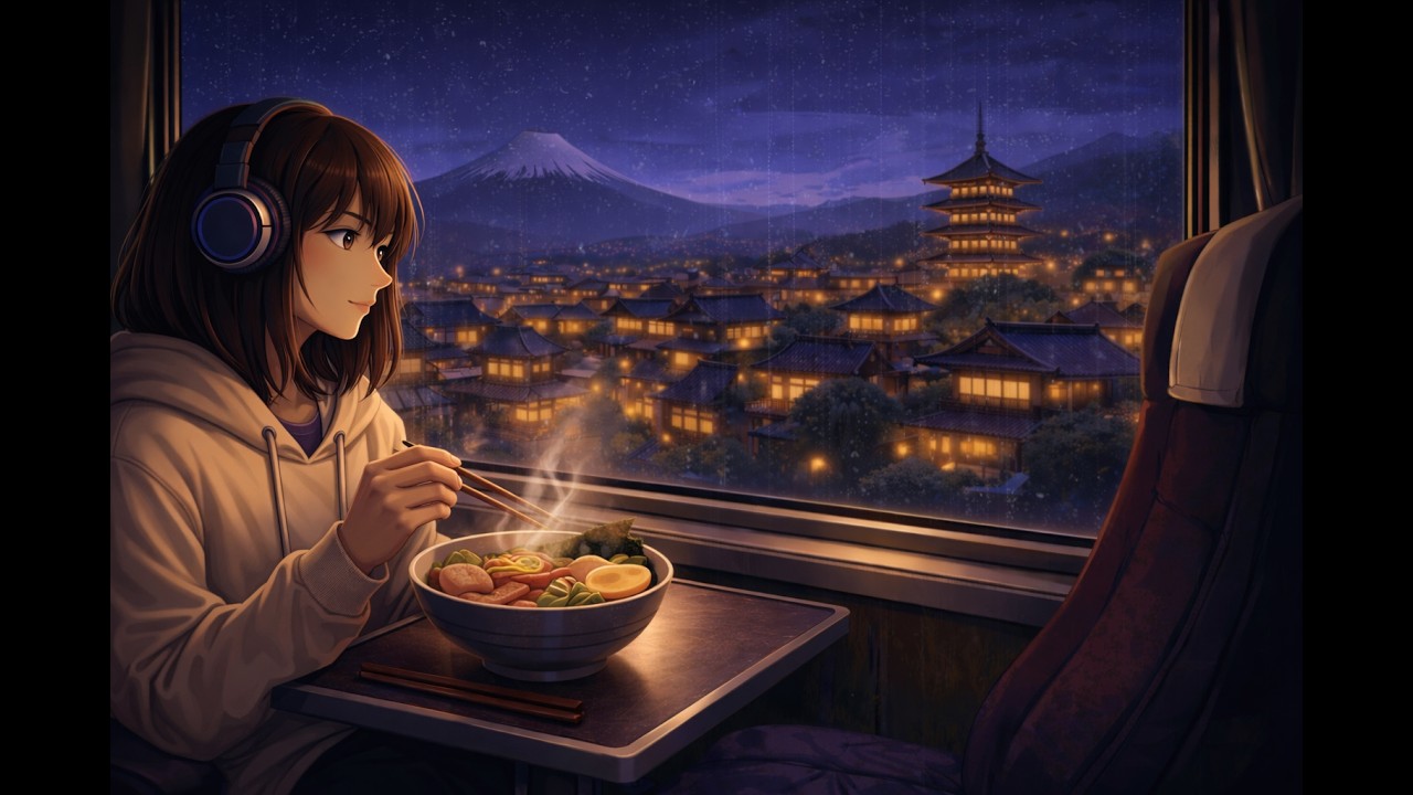 Rainy Kyoto Train Ride 🌧️ Lofi Beats to Relax / Study / Sleep – Cozy Night Ambience