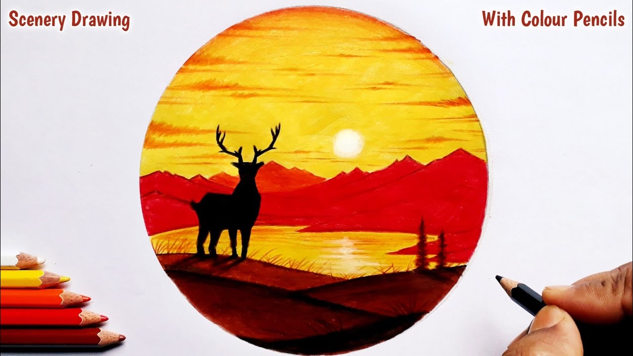 Pencil Colour Drawing - Of A Beautiful Landscape Scenery | Mountain Scenery - colour pencil drawing