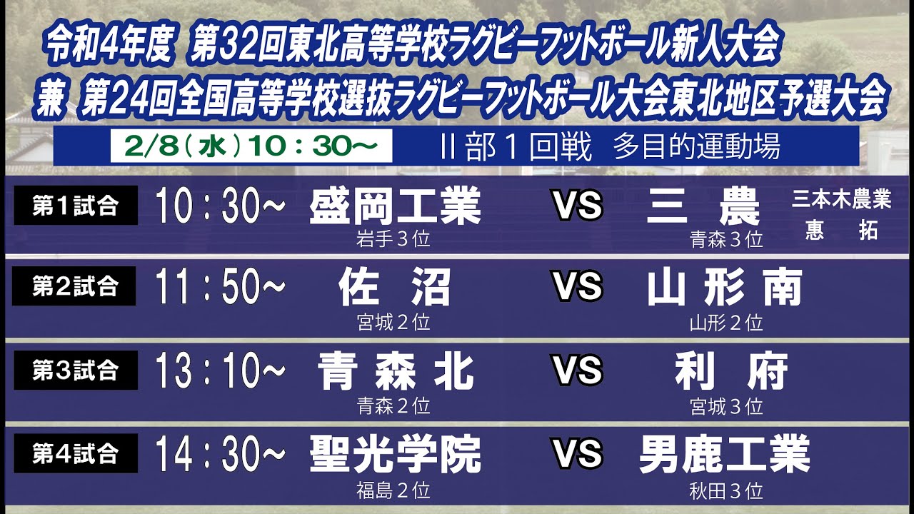 【ライブ配信１日目Ⅱ部】令和４年度　第３２回東北高等学校ラグビーフットボール新人大会兼　第２４回全国高等学校選抜ラグビーフットボール大会東北地区予選大会