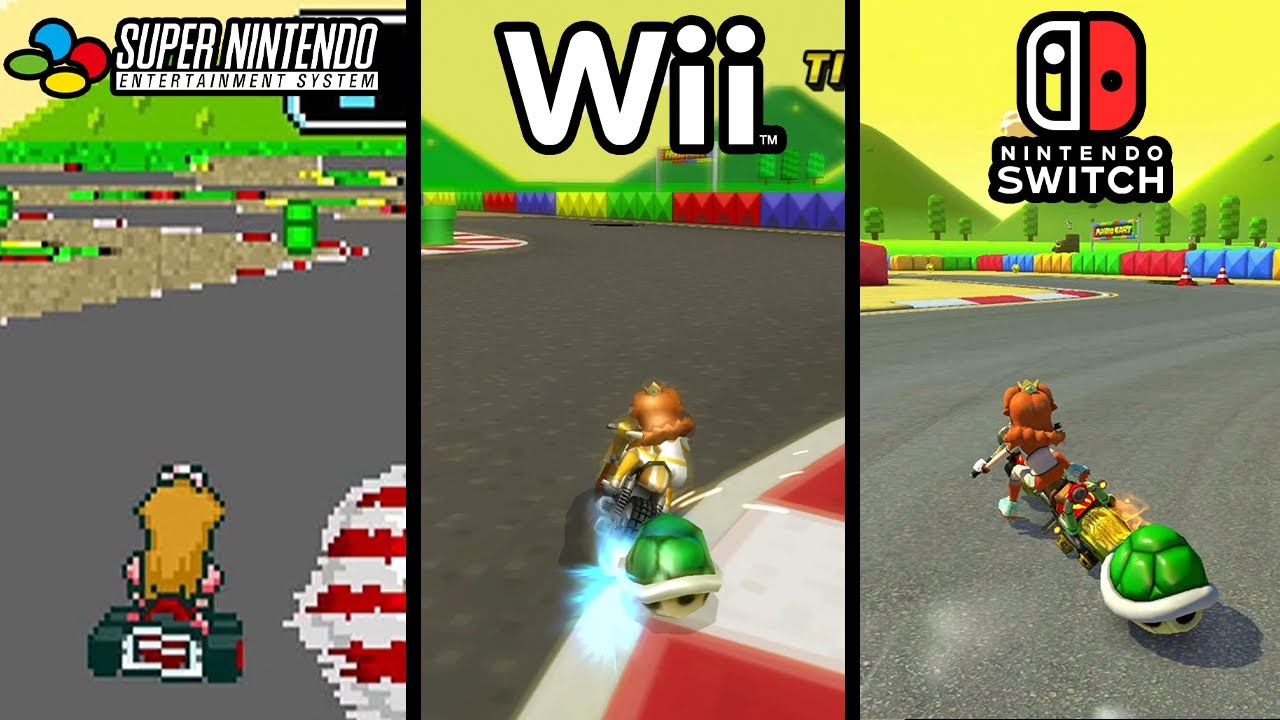 SNES Mario Circuit 3 - Super Mario Kart (SNES) vs. Mario Kart Wii vs. Mario Kart 8 Deluxe (Switch)