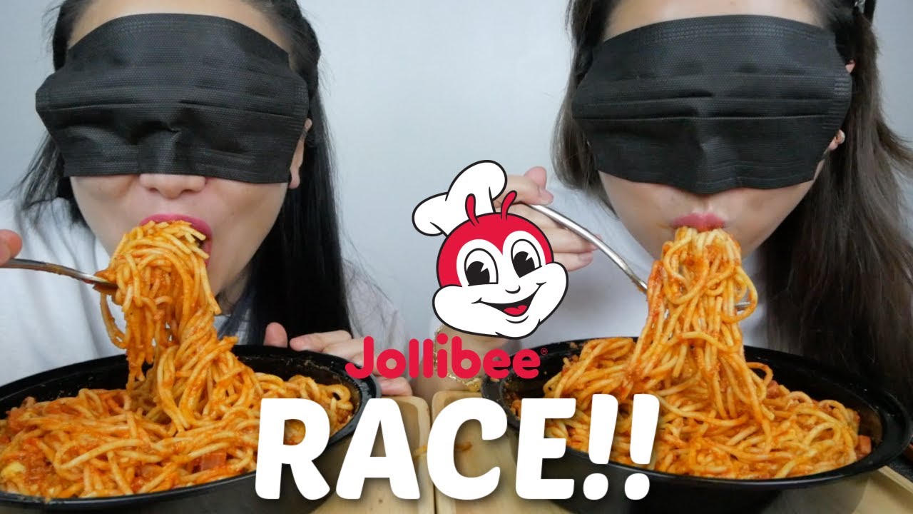 JOLLIBEE Spaghetti RACE Sister Vs. Sister CHALLENGE Mukbang With Bloopers | N.E & SAS ASMR