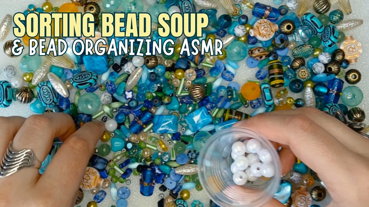 Sorting Bead Soup | Blue, Yellow, Green, Pearl & Gold Bead Mix | ASMR