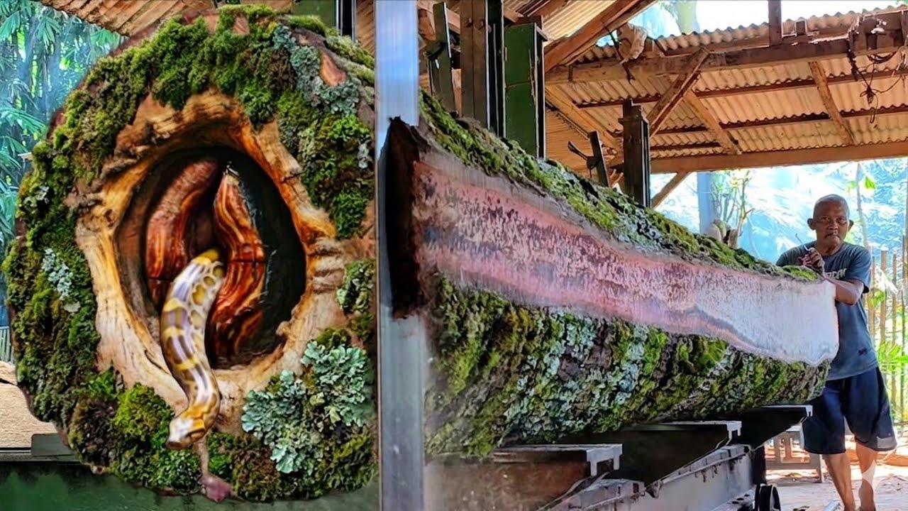 Doing the impossible!! Massive attack sawing mossy logs inside a sawmill || Timber mill